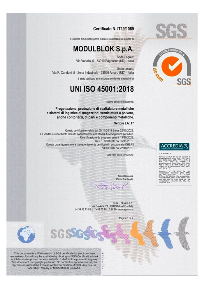 Modulblok Certificato SGS UNI EN 45001:2018
